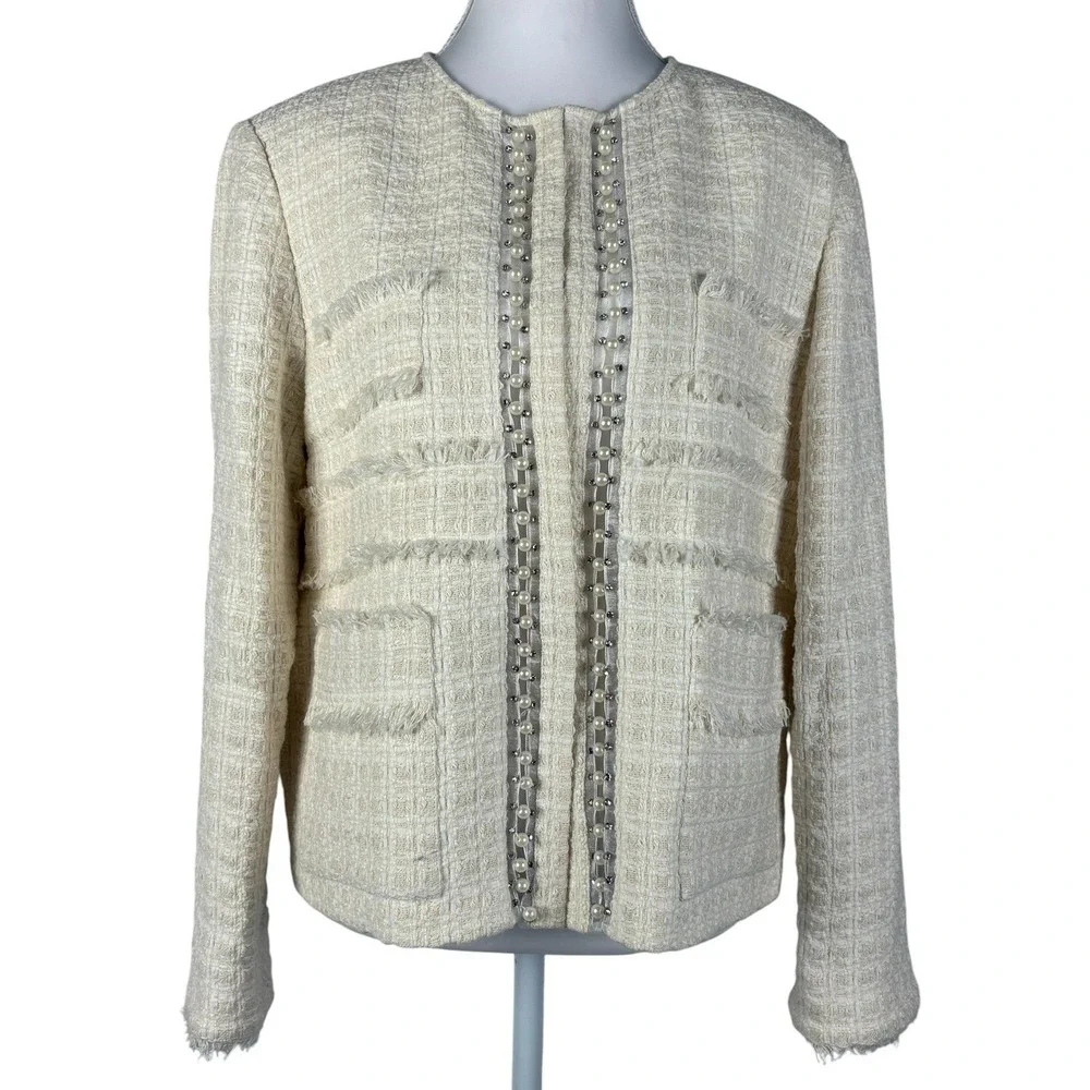 St John Tweed Knit Blazer Jacket Womens 14 Ecru‎ Ivory Fringe Beaded Luxury NWT